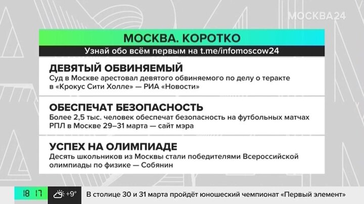 Новости часа: суд в Москве арестовал девятого обвиняемого по делу о теракте в «Крокусе»