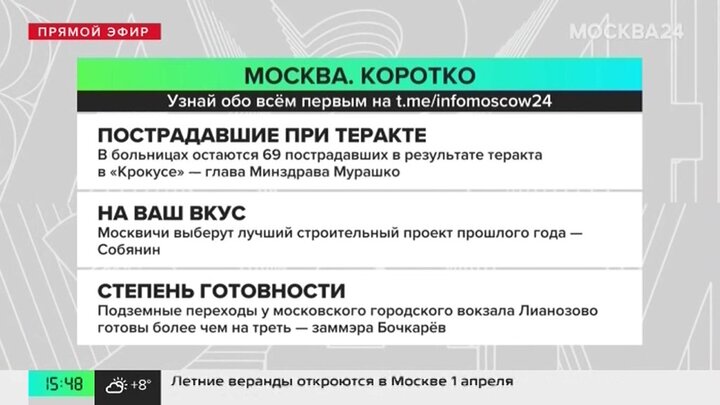 Новости часа: 69 пострадавших в результате теракта в «Крокусе» остаются в больницах