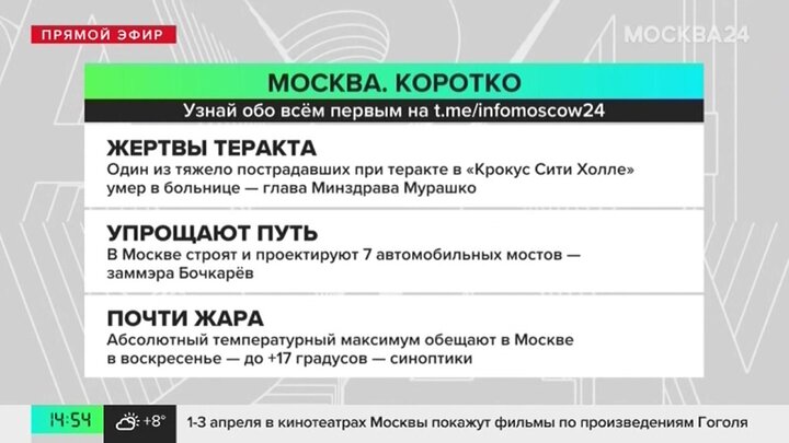 Новости часа: пострадавший при теракте в «Крокус Сити Холле» скончался в больнице