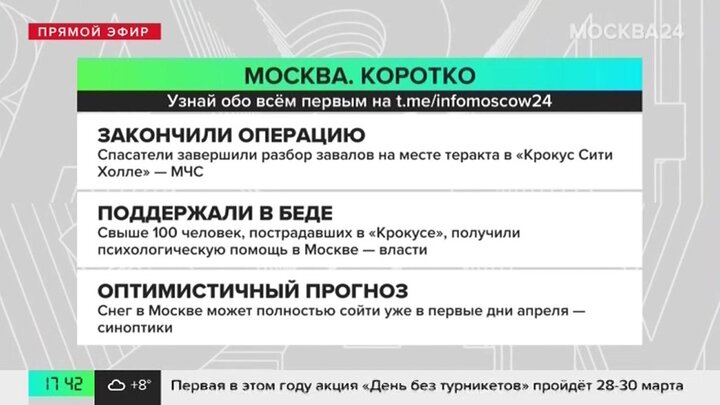 Новости часа: спасатели завершили разбор завалов на месте теракта в «Крокусе»