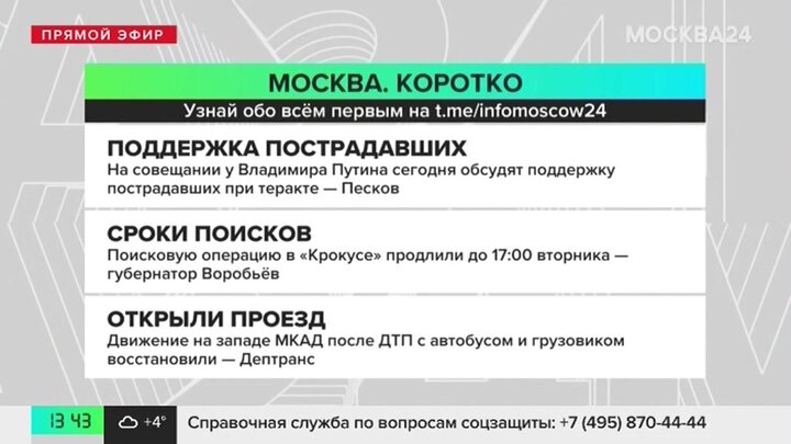 Новости часа: меры поддержки пострадавших при теракте обсудят на совещании у президента РФ