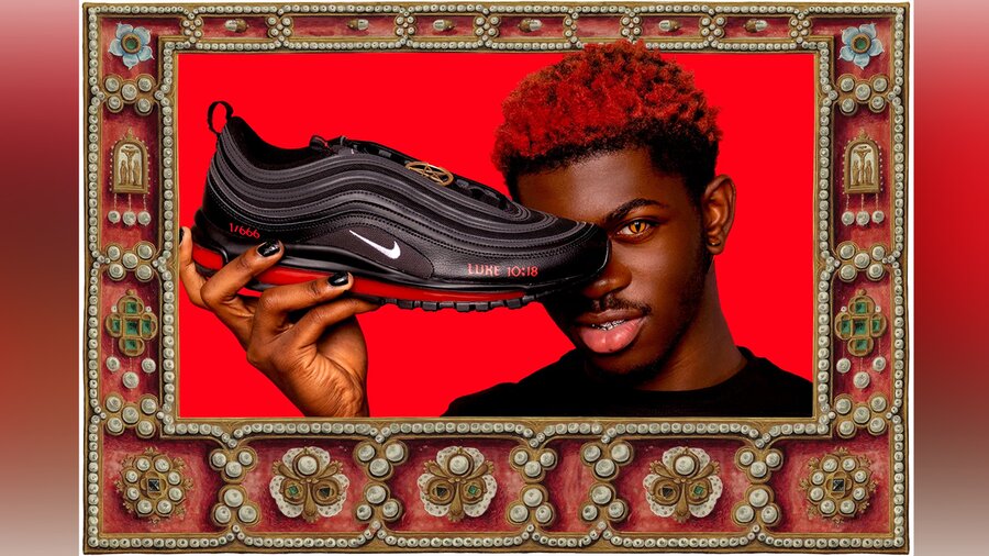 Lil nas x j christ. Nike 666. Дьявольские кроссовки Lil nas. Air Max Lil nas x. Кроссовки с человеческой кровью.